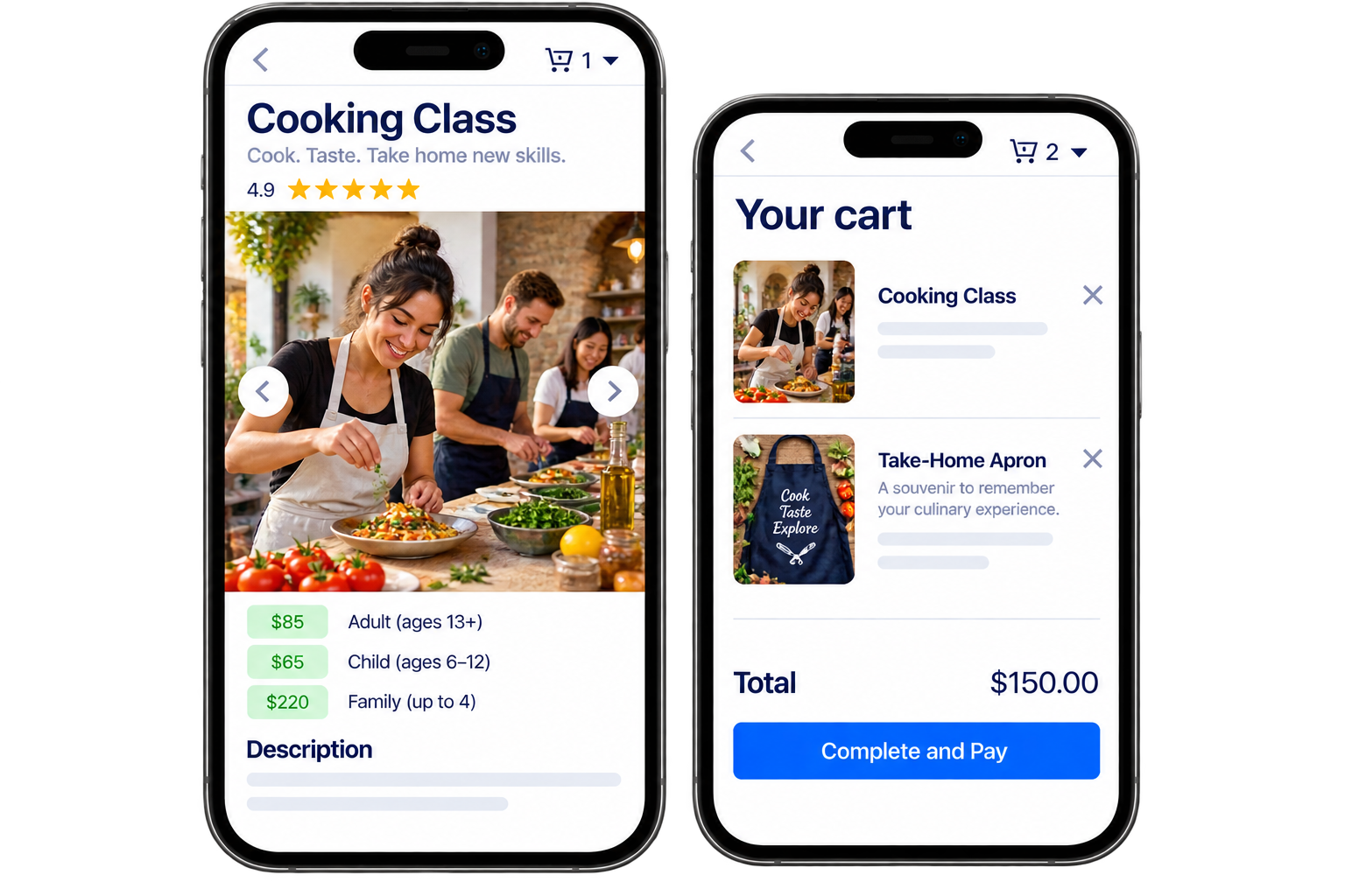 Direct mobile bookings and walk-ups for cooking classes