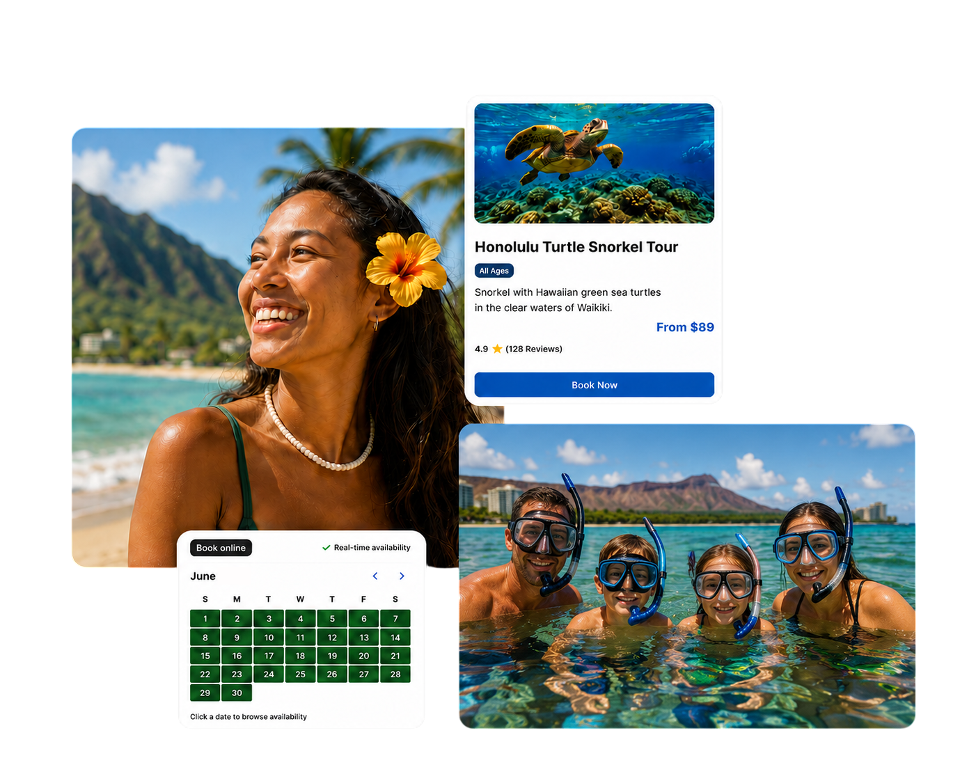 FareHarbor Distribution Network collage showing a Honolulu turtle snorkel tour listing, real-time booking calendar, and guests snorkeling off Waikīkī