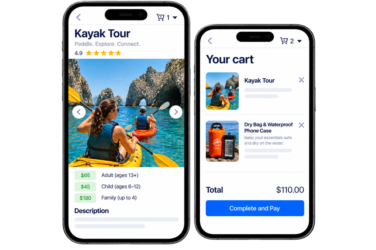 Direct mobile bookings and walk-ups for kayak tours