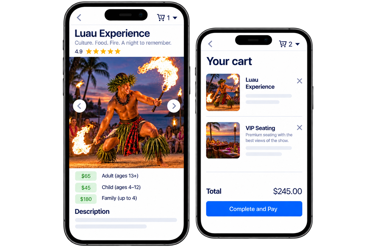 Direct mobile bookings and walk-ups for luaus