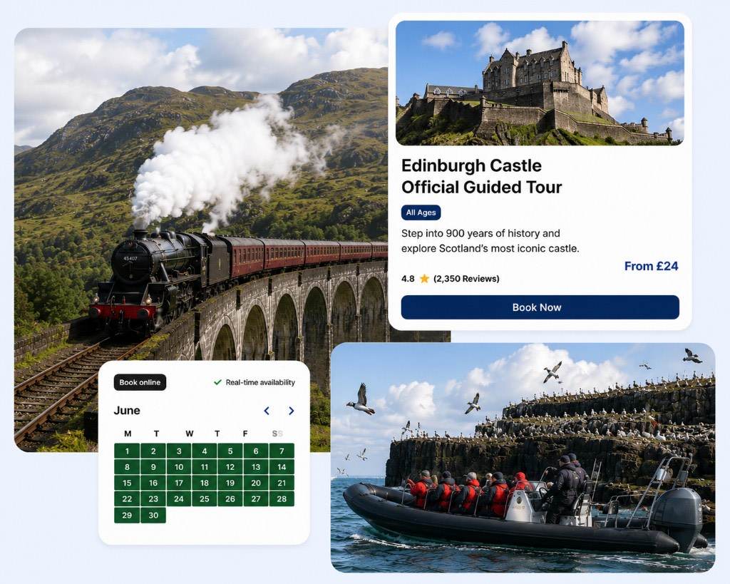 FareHarbor Distribution Network showing an Edinburgh Castle guided tour listing, real-time booking calendar, and UK partner distribution tools